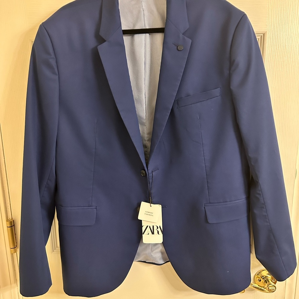 ZARA Men's Blazer/Sport Coat, US Size 46, Comfort Fit, Navy Blue, NEW WITH TAGS